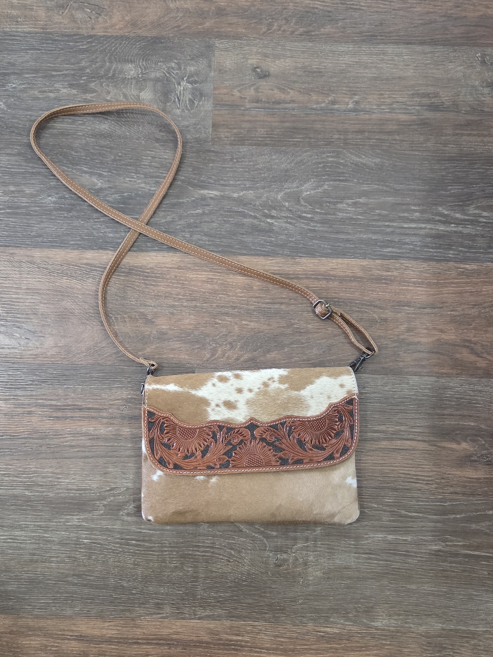 Myra Bag Cowhide Crossbody Bag with Tooled Leather Flap